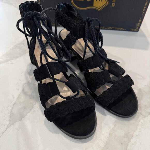 Route 66 Marcia LaceUp Wedge Dress Sandals Womens 7 Black ChunkyHeel WovenStraps - Picture 6 of 9